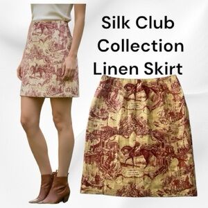 Silk Club Collection Linen French Equestrian Toile de Jouy Pattern Skirt Size12